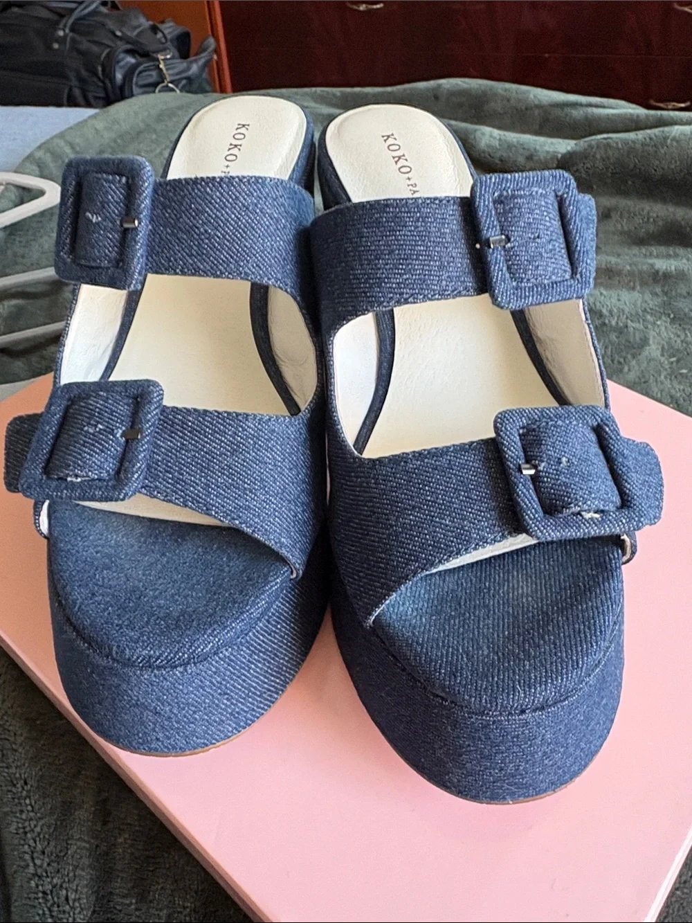 KOKO + PALENKI Downtown Denim Platform Heeled Sandals — Size 8